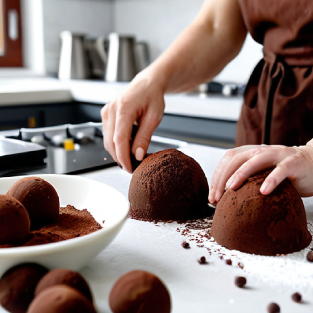Chocolate Truffles Preparation**

A woman in a modern kitchen, wearing an apron and modest clothing, is carefully rolling chocolate truffles in cocoa powder. Bowls of ingredients (chocolate, cream, cocoa) are visible. The kitchen is clean and bright. Focus on the action and ingredients. Safe for work, appropriate content, fully clothed, professional photography, perfect anatomy, natural proportions, family-friendly.

**