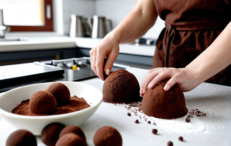 Chocolate Truffles Preparation**

A woman in a modern kitchen, wearing an apron and modest clothing, is carefully rolling chocolate truffles in cocoa powder. Bowls of ingredients (chocolate, cream, cocoa) are visible. The kitchen is clean and bright. Focus on the action and ingredients. Safe for work, appropriate content, fully clothed, professional photography, perfect anatomy, natural proportions, family-friendly.

**