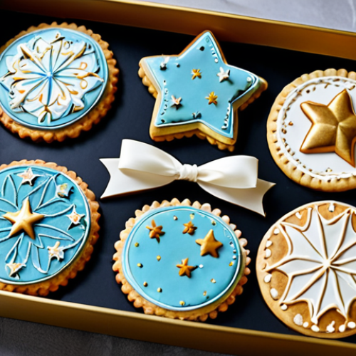 **Eid Celebration Cookies:** A collection of homemade biscuits decorated for Eid, featuring designs incorporating crescents and stars, arranged in a gift box with a ribbon. The scene is family-friendly, fully clothed, safe for work, and emphasizes appropriate content with a modest aesthetic. Perfect anatomy, correct proportions, and professional presentation are essential.