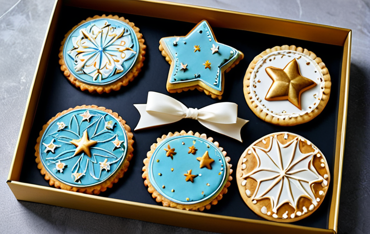 **Eid Celebration Cookies:** A collection of homemade biscuits decorated for Eid, featuring designs incorporating crescents and stars, arranged in a gift box with a ribbon. The scene is family-friendly, fully clothed, safe for work, and emphasizes appropriate content with a modest aesthetic. Perfect anatomy, correct proportions, and professional presentation are essential.